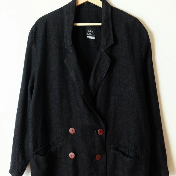 Vintage Oversized Black Pure Linen Double breasted Jacket/Blazer from 90s - Picture 3 of 9